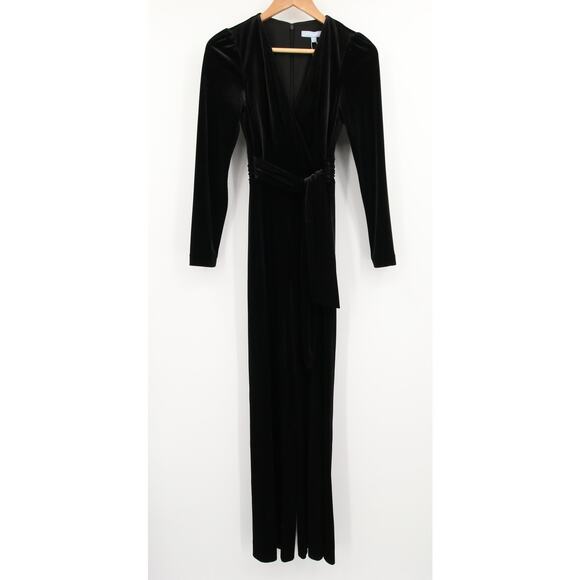 Antonio Melani Jumpsuit Black Velvet Long Sleeve V Neck Tie Waist Surplice 2 NWT - Picture 2 of 9